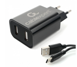 Универсальное СЗУ Cablexpert MP3A-PC-37 (2 USB, 2.4А, кабель Type-C), черный
