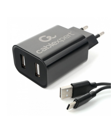 Универсальное СЗУ Cablexpert MP3A-PC-37 (2 USB, 2.4А, кабель Type-C), черный