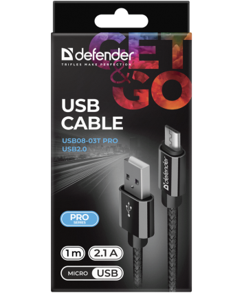 Кабель microUSB Defender USB08-03T PRO черный, 1м, 2.1A