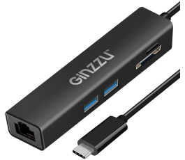 Картридер внешний Ginzzu GR-568UB, Type-C и USB Концентратор (2xUSB 3.0 + Сетевой порт RJ45)