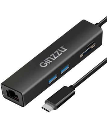 Картридер внешний Ginzzu GR-568UB, Type-C и USB Концентратор (2xUSB 3.0 + Сетевой порт RJ45)