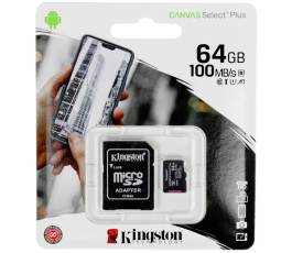 Карта памяти MicroSDXC UHS-I Card 64Gb Kingston Canvas Select Plus Class10 (с адаптером)
