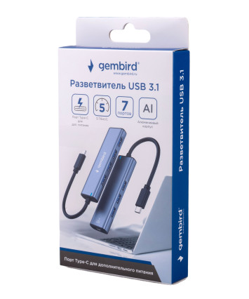 USB-концентратор Gembird UHB-U3P7-02 (7 портов USB 3.1) с доп. питанием (Type-C), кабель Type-C
