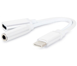 Переходник USB Type-C/Jack3.5F+Type-C(F), Cablexpert, 0.15м, белый CCA-UC3.5F-02-W