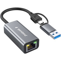Проводной сетевой USB 3.0 + Type-C LAN адаптер Gembird NIC-U7, RJ45 100/1000Mbps, USB 3.0, алюминий