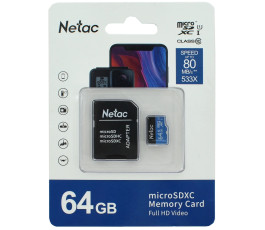 Карта памяти microSDXC Card UHS-I U1 64Gb Netac P500 + SD адаптер (NT02P500STN-064G-R)