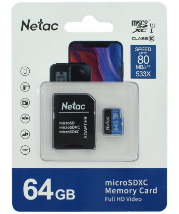 Карта памяти microSDXC Card UHS-I U1 64Gb Netac P500 + SD адаптер (NT02P500STN-064G-R)