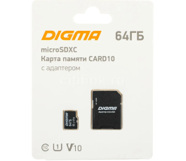 Карта памяти microSDXC Class10 64Gb Digma CARD10 + SD адаптер (DGFCA064A01)