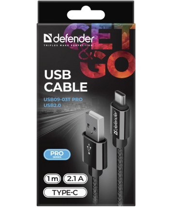 Кабель Type-C Defender USB09-03T PRO черный, 1м, 2.1A