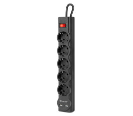 Сетевой фильтр Defender DFS 753, 3.0м, 2xUSB, 2.1A, 5 розеток