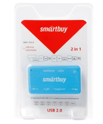 Картридер внешний Smartbuy 750, USB 2.0 и USB Концентратор (3 порта USB 2.0), голубой