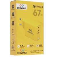 Универсальное СЗУ ECOVINKA GAN-67UE (67Вт, 1 USB, 2 Type-C, 3А), QC4.0/PD3.0, желтый