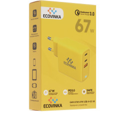Универсальное СЗУ ECOVINKA GAN-67UE (67Вт, 1 USB, 2 Type-C, 3А), QC4.0/PD3.0, желтый