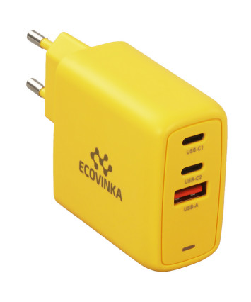 Универсальное СЗУ ECOVINKA GAN-67UE (67Вт, 1 USB, 2 Type-C, 3А), QC4.0/PD3.0, желтый