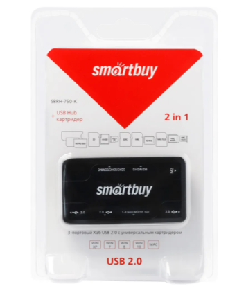 Картридер внешний Smartbuy 750, USB 2.0 и USB Концентратор (3 порта USB 2.0), черный