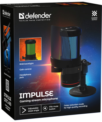 Игровой стрим микрофон Defender Impulse GMC 400 Type-C, RGB, провод 2 м.