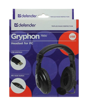 Гарнитура игровая Defender Gryphon 750U, с микрофоном, USB, чёрный