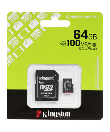 Карта памяти MicroSDXC UHS-I Card 64Gb Kingston Canvas Select Plus Class 10 SDCS3/64GB (с адаптером)
