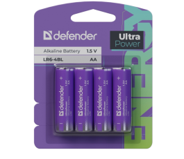 Батарейка Defender алкалиновая LR6-4BL AA, UltraPower, 4шт, в блистере