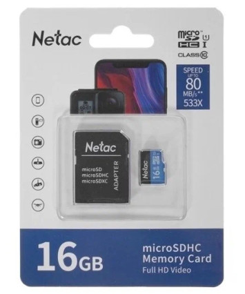 Карта памяти MicroSDHC Card 16Gb Netac P500 + SD адаптер (NT02P500STN-016G-R)