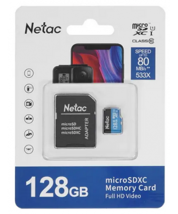Карта памяти microSDXC Card UHS-I U1 128Gb Netac P500 + SD адаптер (NT02P500STN-128G-R)